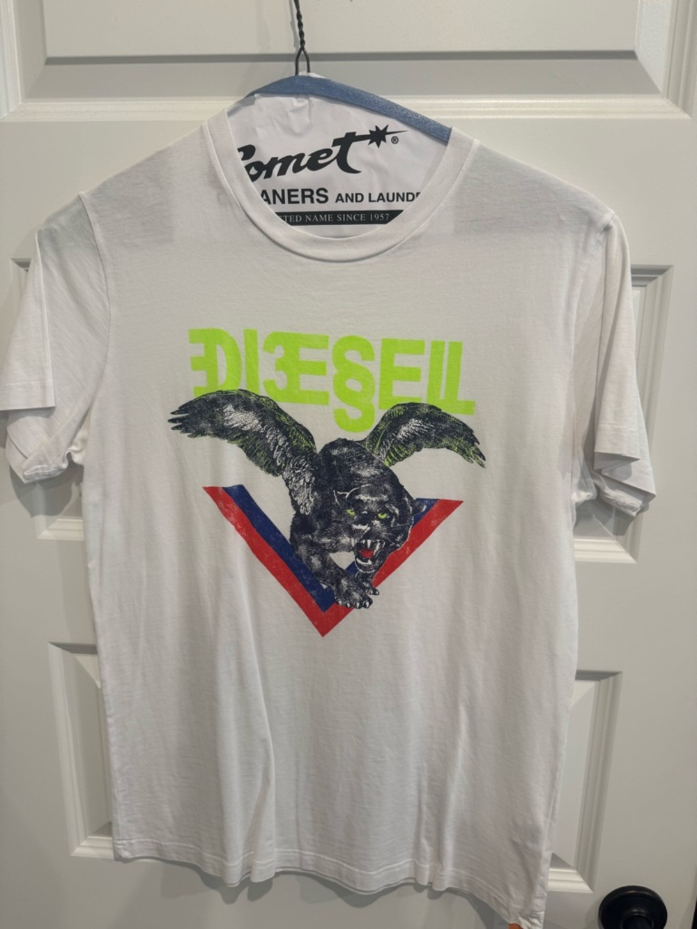Diesel White T-Shirt with Neon Green Logo and Panther Graphic
